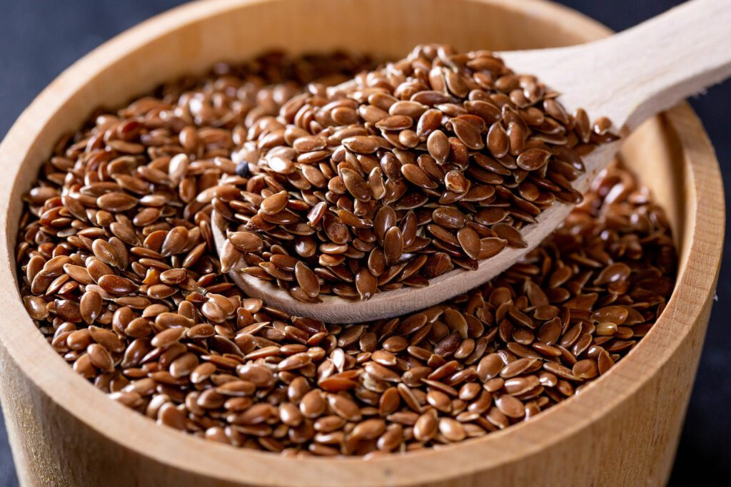 Flaxseeds in a wooden bowl